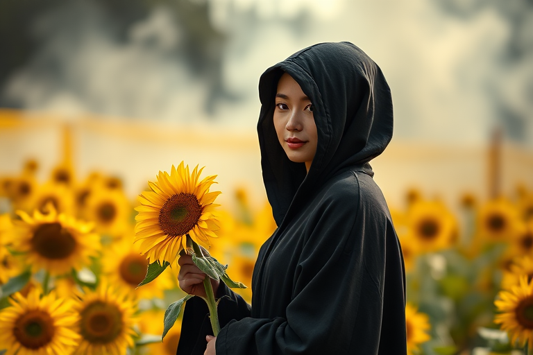 portrait of a young woman wearing a black hooded robe holding a sunflower in a field of sunflowers with dramatic smoke in the background, taken with a Canon EOS R5, 50mm lens, f/1.8 aperture, ISO 100, shallow depth of field for enhanced details and rich colors in soft natural light.