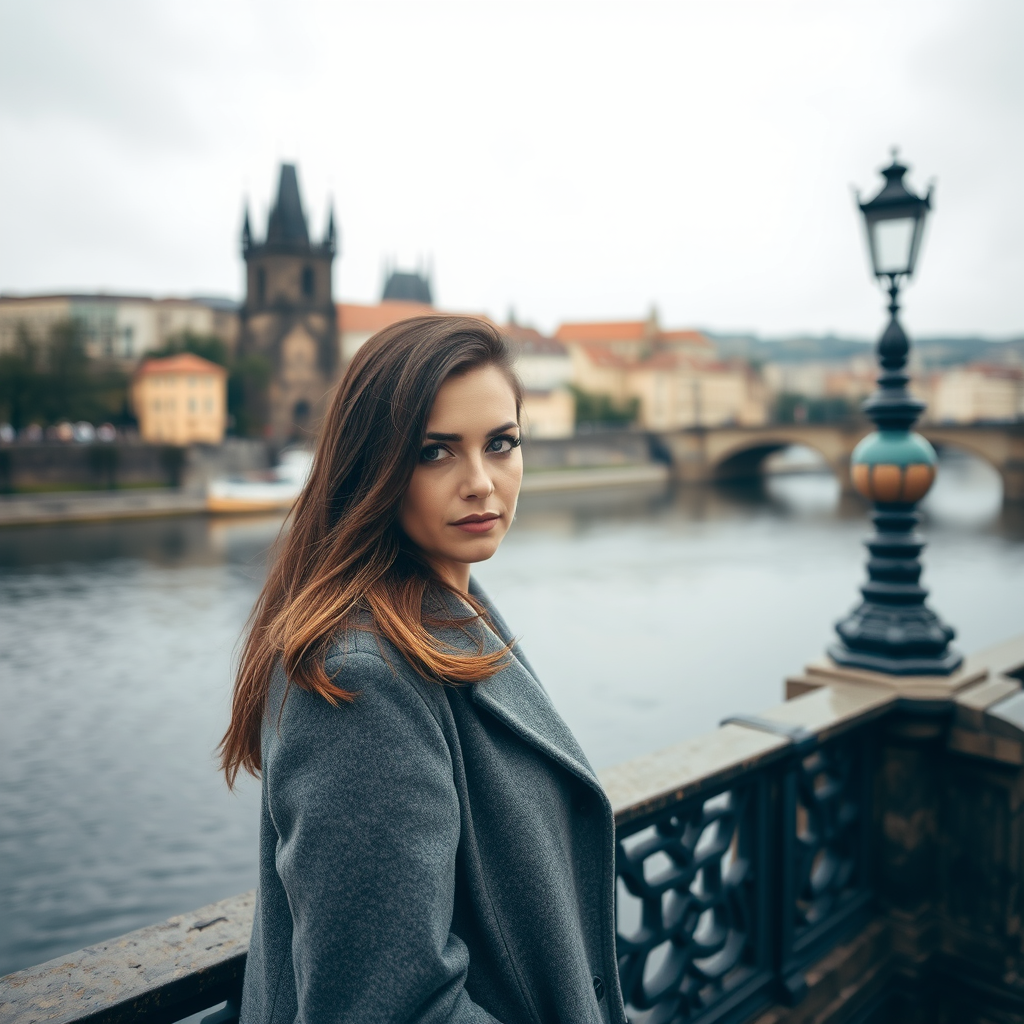 cinematic photo from above, waist up shot, sharp focus, a beautiful woman in foreground, in Prague, at the Charles Bridge, river in background, overcast rainy day, wearing long grey wool coat, warm rich color palette
