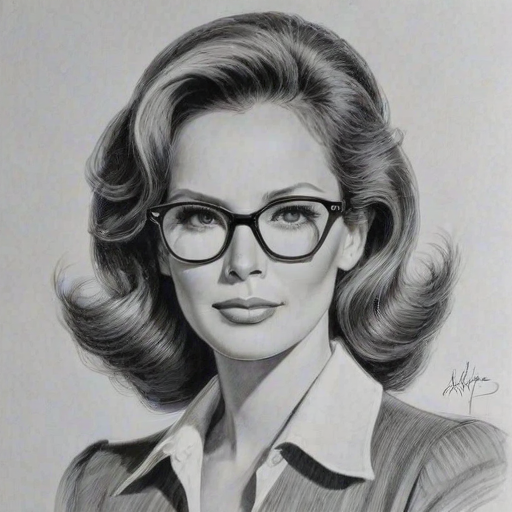 Captivating Jaclyn Smith, pencil sketch, portrait of Resplendent woman 1939s in glasses, hair style beatnik, outline, clear lines, fine lines, 8k