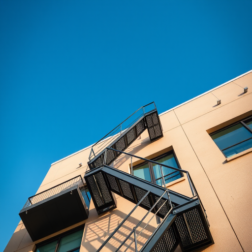Capture a modern architectural shot of a building with metal fire escape stairs against a clear blue sky, using a Canon EOS R5, 50mm lens, f/8 aperture, ISO 100, and a high-resolution landscape mode for enhanced detail and clarity.