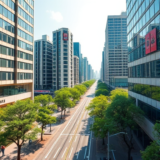 regenerate the image of a modern cityscape with tall buildings, wide street and green trees, taken with a DSLR camera, 50mm lens, f/8 aperture, ISO 100, 1/250s shutter speed, mid-day sunlight, in vibrant colors and high clarity