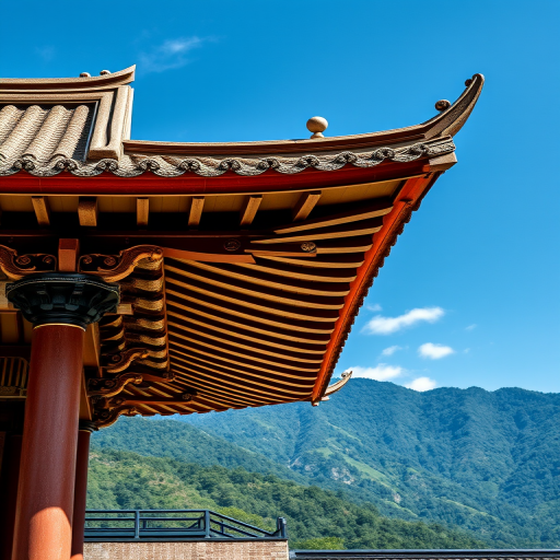 capture a detailed photograph of a traditional Asian temple roof with intricate detailing against a backdrop of lush green mountains under a bright blue sky, use a Canon EOS R5 with a 24-70mm f/2.8 lens at f/8, ISO 100, 1/250 sec, shoot from a high angle with a wide shot for depth and clarity