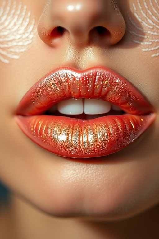 Dreamy woman lips showcasing a shimmering champagne lip gloss, luminous and multidimensional, reflecting light beautifully, enhancing natural lip shape