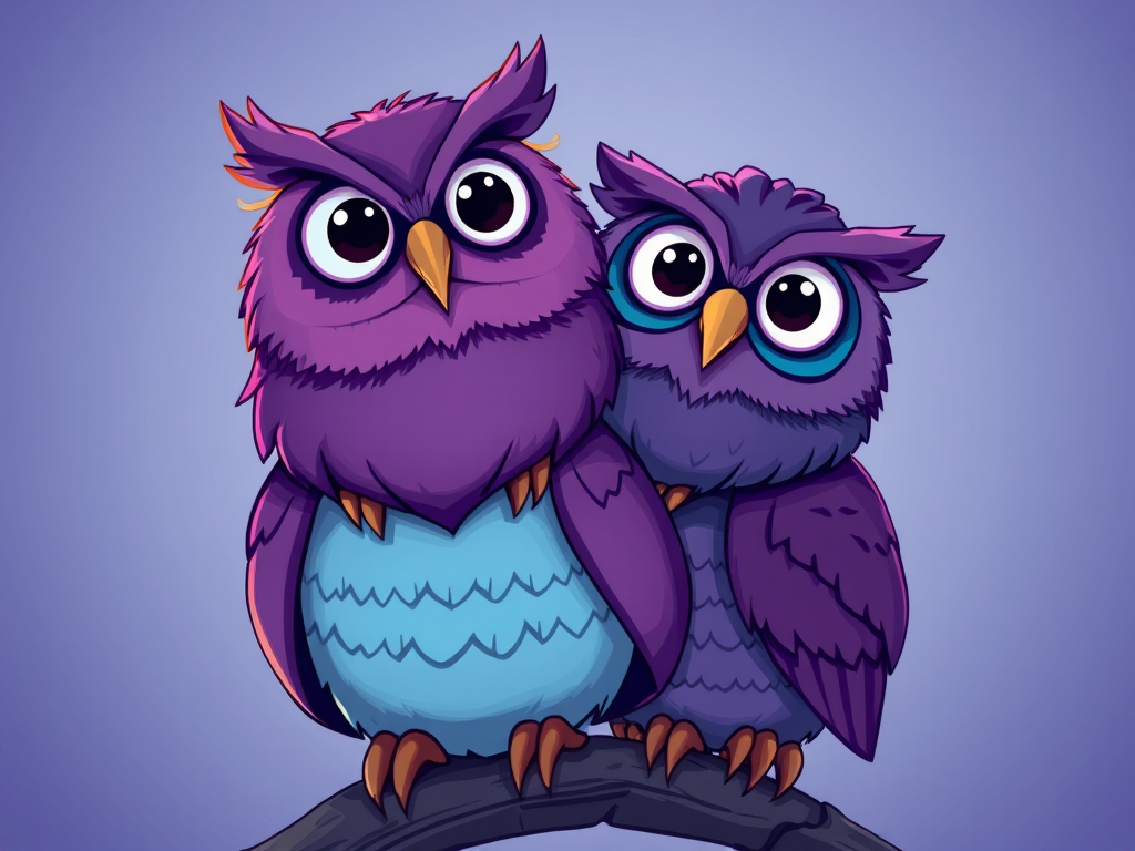 Create a vibrant digital illustration of two cartoon owls, one perched on top of the other, with exaggerated features in deep purple and blue tones, with a soft gradient background; capture it using a DSLR camera at f/2.8 aperture, 50mm lens, ISO 100, and in a close-up view to enhance details and colors.