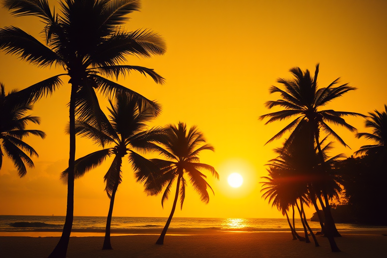 tropical beach scene with silhouette palm trees against a vibrant yellow sunset sky, sun reflecting on the ocean, 35mm lens, f/8 aperture, ISO 100, shot from a low angle to capture foreground details, digital camera style