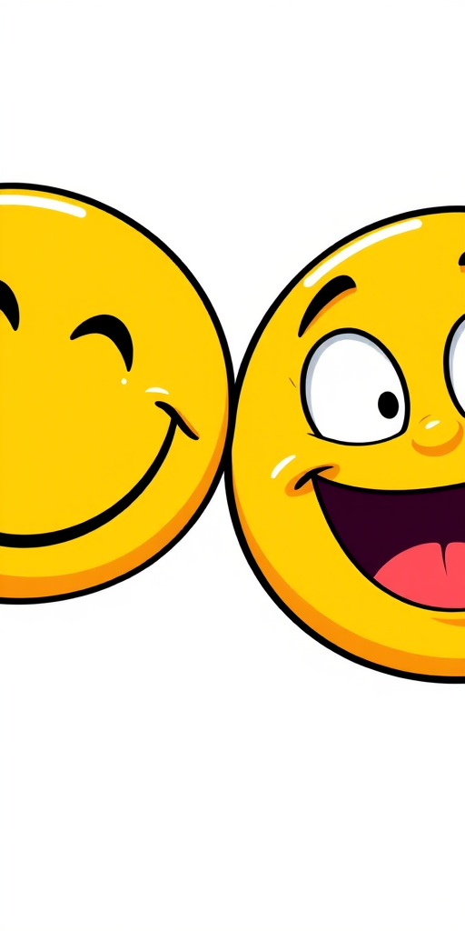 Create an image featuring two distinct cartoonish yellow smiley faces: one with a playful expression and tongue out, and the other with wide eyes and an open mouth, using a Canon EOS R5 with a 50mm lens, aperture set to f/1.8, ISO 100, shot from a frontal perspective in a vibrant and colorful illustration style.