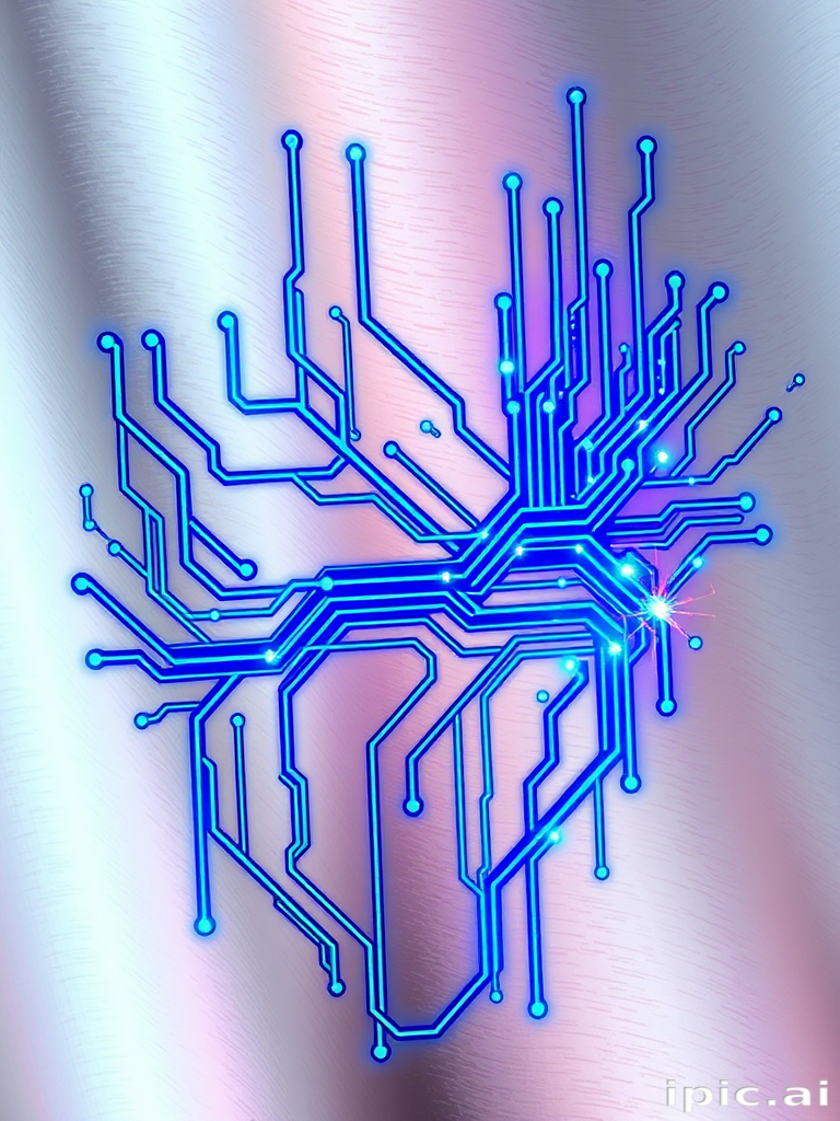 Bold "Cyberpunk Circuitry" tattoo concept incorporating vivid electric blue and neon green lines resembling computer circuits and data streams, set against a metallic silver background, with occasional bursts of holographic elements adding a three-dimensional quality to the design, perfect for tech enthusiasts and futurists who want to showcase their love for cutting-edge technology and digital aesthetics