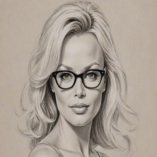 Appealing Pamela Anderson, pencil sketch, portrait of Exquisite woman 1958s in glasses, hair style beatnik, outline, clear lines, fine lines, 8k