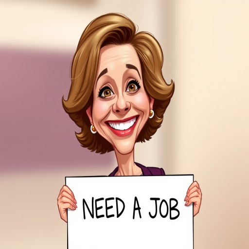 caricature of a smiling Annette Bening in a Plum dress or suit, holding up a sign that says "NEED A JOB", no watermark,