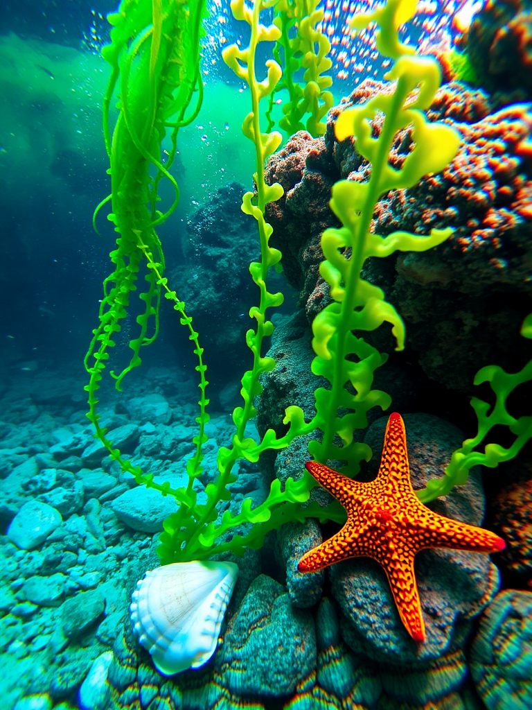 Create an underwater scene featuring vibrant green seaweed, a starfish, and a seashell resting on rocks, shot with a DSLR camera at f/8 aperture, 1/125 shutter speed, ISO 200, using a wide-angle lens for depth and clarity.
