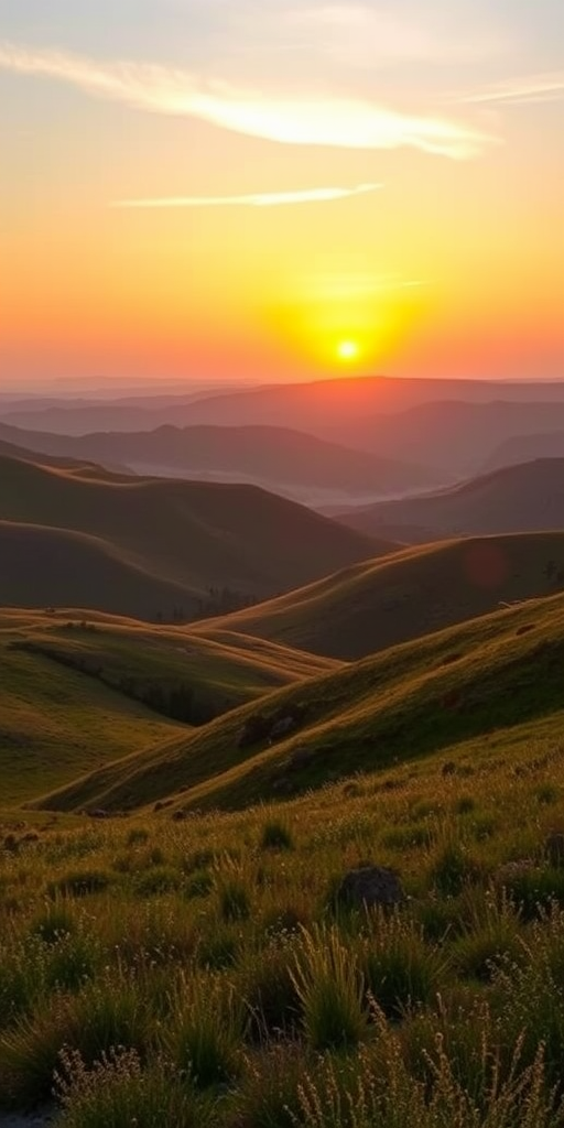 Generate a high-quality image of a serene landscape with rolling hills and a sunset in the background, taken with a DSLR camera at f/8 aperture, ISO 100, 1/200 sec shutter speed, wide-angle lens (16-35mm), and in vibrant HDR style.