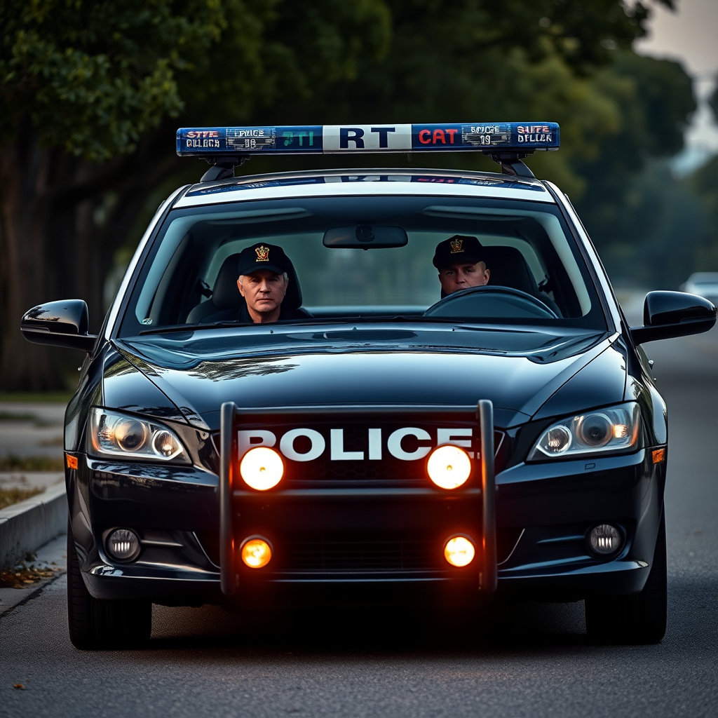 Create an image of a police car with two officers inside, front view, high resolution, using a DSLR camera, aperture f/4, ISO 100, shutter speed 1/200s, daylight setting.