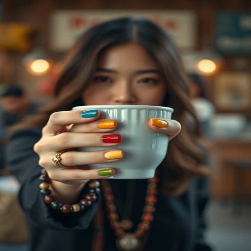 detailed edges, detailed image, perfection style, A cinematic detailed image of a woman with colorful nails holding a cup in front of camera, movie themed, sharp, detailed background, epic cinematic photography, artistic style, dramatic light style, cinematic color style, Kodak 35mm film style, detailed style, hand focus style, 1girl, solo, holding, jewelry, nail polish, blurry, bracelet, fingernails, depth of field, blurry background, red nails, close-up, blue nails, green nails, yellow nails, multicolored nails, nail art, pink nails, realistic, long sleeves, black shirt, beads, bead bracelet, photorealistic, hand focus