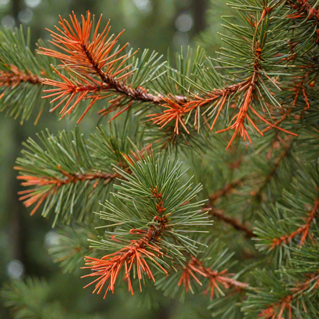 generate an image of close-up red pine tree branches with vibrant orange-red needles against a blurred green background