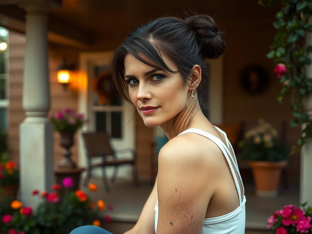 A photo of Nicole Kidman with a background of a cozy porch. She has dark hair pulled back in an updo, with tendrils framing her face. She wears a white tank top and sits on the porch. The porch is part of a well-lit home with a warm, earthy tone and colorful flowers and foliage. The overall scene has a warm, welcoming, and comfortable ambiance.