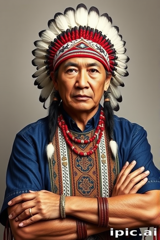 Create a dignified portrait of a Native American man dressed in traditional attire. He wears a beautifully crafted headdress adorned with white feathers and red beads, along with a beaded headband featuring intricate patterns. His clothing includes a deep blue, patterned shirt and a traditional chest piece with detailed beadwork. His arms are crossed, displaying leather armbands decorated with feathers. The background is simple and neutral, emphasizing his proud and stoic expression. The overall image captures the rich cultural heritage and strength of his persona.