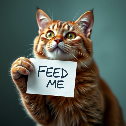 cat holding a note which says "FEED ME"