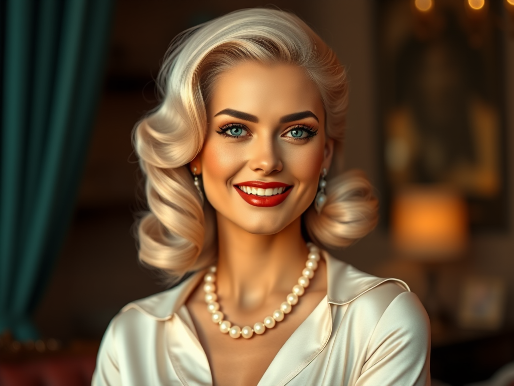A beautiful Aztec woman reminiscent of 1950s Hollywood glamour, with perfectly styled blonde hair and a seductive smile, dressed in a satin blouse and adorned with pearls, soft and warm tones, photorealistic, 8K