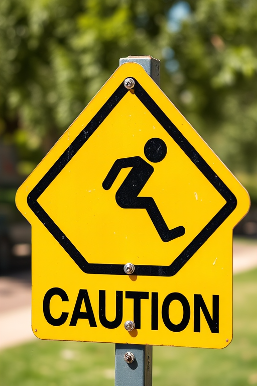 Create a high-resolution image of a caution sign featuring a stick figure slipping with a yellow background, shot with a DSLR camera at f/8 aperture, ISO 100, 24mm focal length, and a slight tilt to show depth, in natural sunlight for enhanced clarity and contrast.