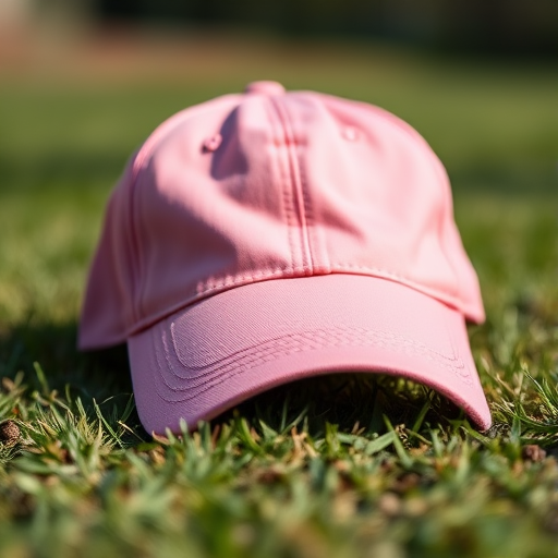 Create a high-resolution image of a pink baseball cap from a slightly tilted angle, using a DSLR camera with a 50mm lens, aperture set to f/2.8 for shallow depth of field, ISO 100, and natural light for vibrant colors and soft shadows.