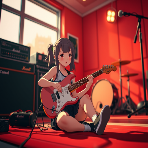 Create a high-resolution animated image of a girl sitting on the floor playing an electric guitar in a band practice room with a red and black color scheme, using a Canon EOS R5 camera, 50mm lens, f/1.8 aperture, ISO 100, 1/200 sec shutter speed, capturing a close-up view with a vibrant, artistic style.