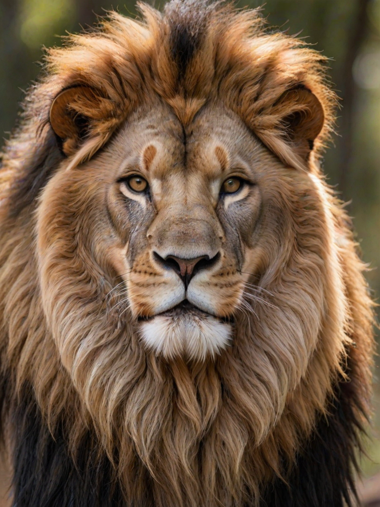 create a close-up portrait of a lion with a majestic mane and intense gaze, set against a blurred natural background