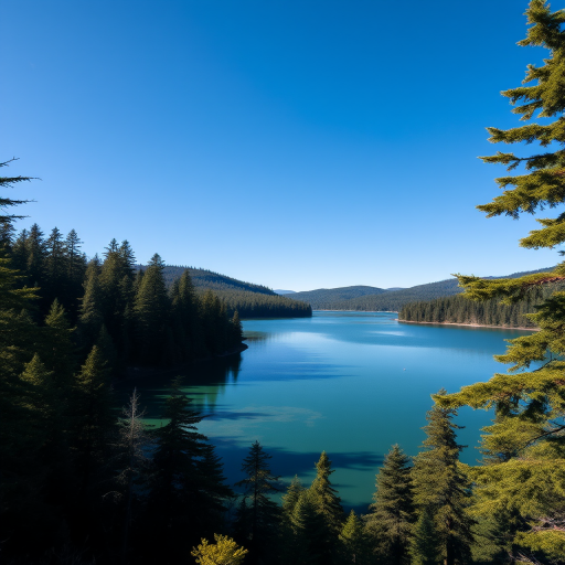 Generate a high-resolution image of a serene landscape featuring a tranquil lake surrounded by lush forests under a clear blue sky, captured with a DSLR camera at f/8 aperture, 1/250 shutter speed, ISO 100, 24mm lens, wide-angle view.