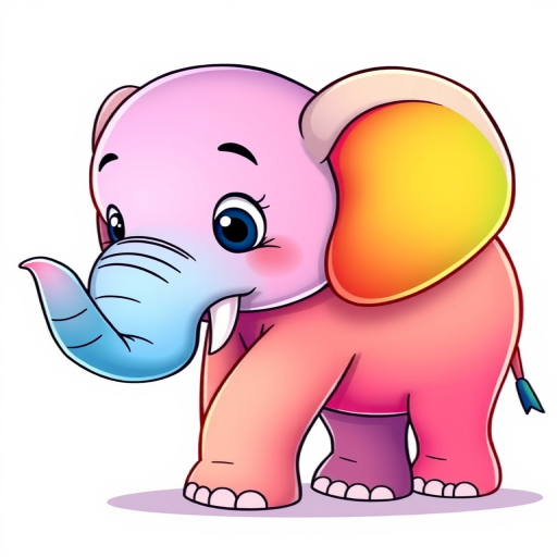 Create a bright and colorful illustration of a cartoon elephant with a gradient rainbow design on a clean white background, using a digital art style, with soft shading and outlines, captured from a slight low-angle view to enhance its character and presence.