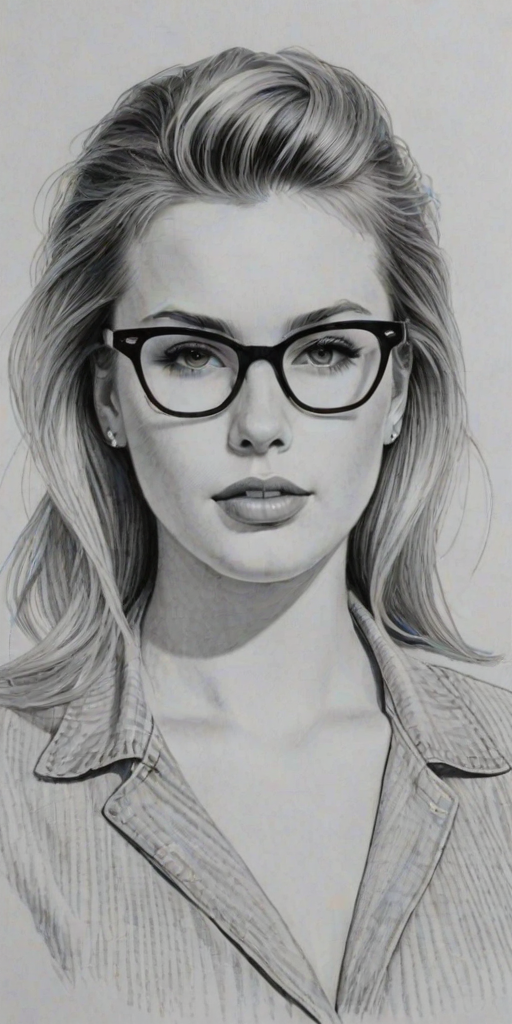 Enchanting Ireland Baldwin, pencil sketch, portrait of Splendid woman 1958s in glasses, hair style beatnik, outline, clear lines, fine lines, 8k
