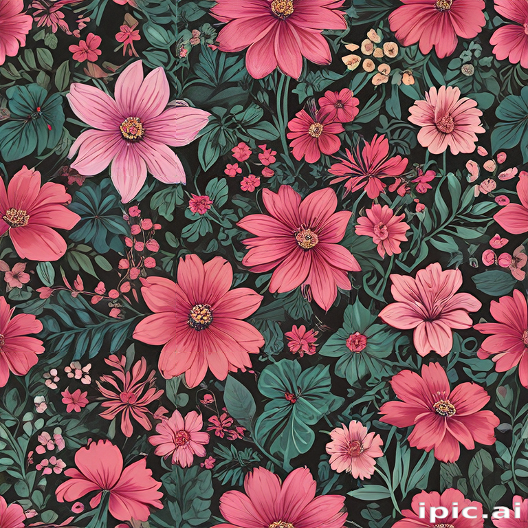 Vibrant Floral Pattern Featuring Diverse Flowers Against a Dark Background