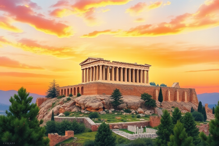 Create a detailed illustration of the Acropolis at sunset, capturing the Parthenon atop the rocky hill with a vibrant sky in shades of orange and pink, include foreground with ancient ruins and pine trees, using a wide-angle lens at f/11 for depth of field, with a warm color palette, in a watercolor and ink style, using a DSLR camera for high resolution.