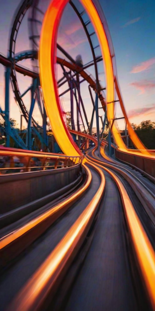 Blurry, fast-paced image of a rollercoaster speeding down a track at an amusement park, colorful lights flashing in the background, the distant sound of excited screams and laughter filling the air, soft shadows cast by the setting sun.