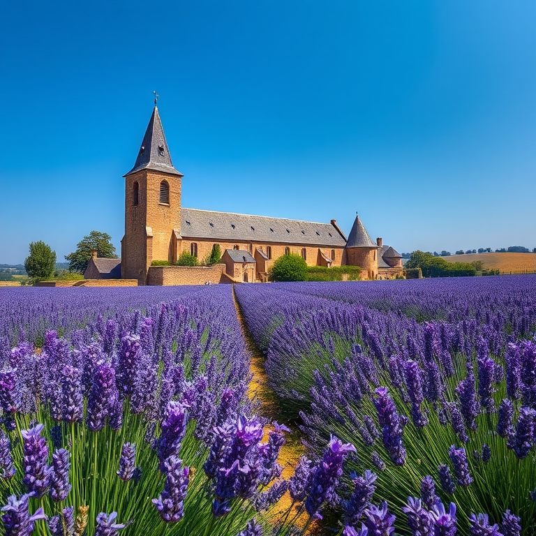 Regenerate a high-resolution image of a tranquil abbey surrounded by lavender fields under a clear blue sky, captured with a Canon EOS R5, 24mm lens at f/8, ISO 100, 1/200 sec, wide-angle view for enhanced detail and vibrant colors.