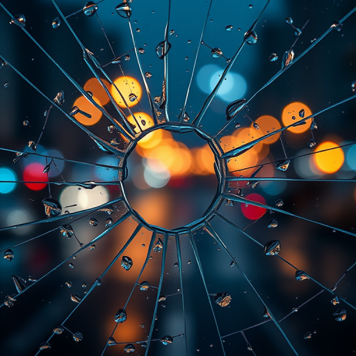 A close-up shot of a shattered glass surface with water droplets, use a macro lens, aperture f/2.8, shutter speed 1/100 sec, ISO 200, natural light, taken with a DSLR camera, focus on the center hole with blurred city lights in the background.