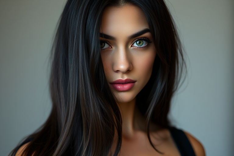Create a portrait of a woman with long black hair and striking green eyes, wearing a black dress, focused on her facial features, using a Canon EOS R5, 85mm lens, aperture f/1.4, shot in portrait mode with soft natural lighting for a high-quality image.