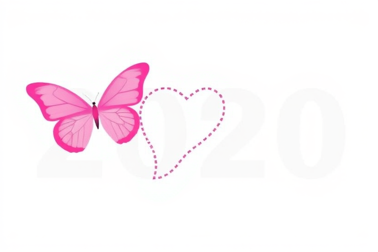 Create a clean and simple design featuring the year "2020" in large, bold font, accompanied by a pink butterfly with a dotted line forming a heart shape around it, using a high-resolution digital camera with a 50mm lens, f/2.8 aperture, ISO 100, and natural lighting.