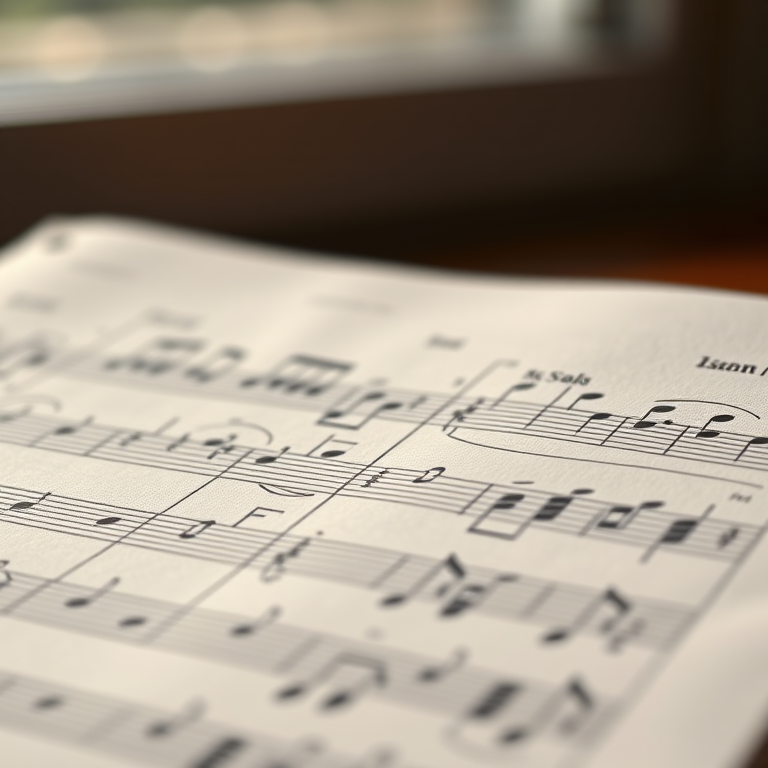 high-resolution close-up of music sheet displaying notes with soft bokeh background, 50mm lens, f/2.8 aperture, ISO 400, natural lighting, DSLR camera