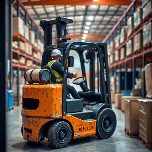 Generate a high-quality image of a forklift in a busy warehouse setting, using a DSLR camera with a 50mm lens, aperture set to f/2.8, ISO 100, and shutter speed of 1/500s, in a wide-angle view to capture the environment and details of the forklift and its operator.