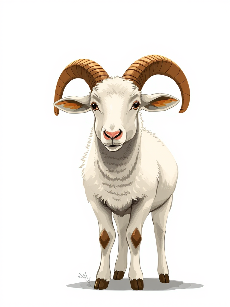 Regenerate an illustration of a standing sheep with prominent curved horns, using a high-resolution digital canvas, 300 DPI, in a sharp focus with soft lighting, taken from a slightly low angle to enhance depth and detail, using a digital drawing tablet and stylus.