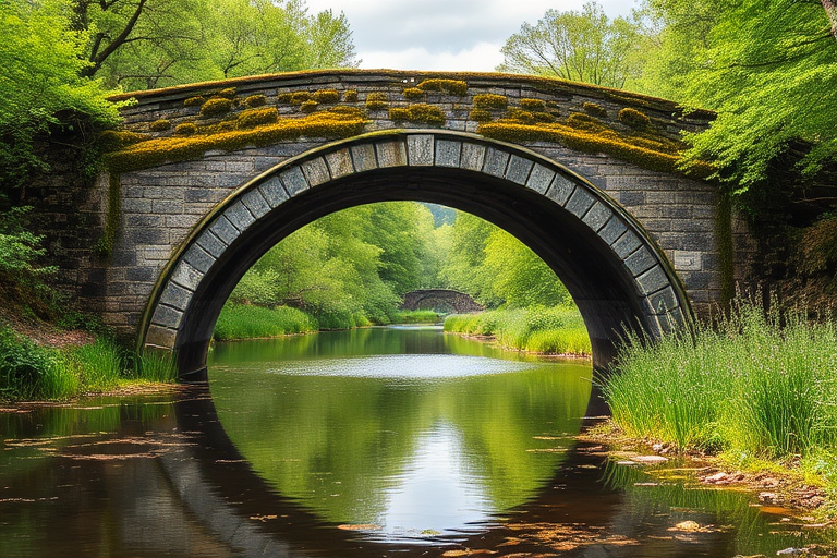 Create a serene landscape image of a moss-covered arched stone bridge over a calm river surrounded by lush greenery, captured with a DSLR camera at f/11, ISO 100, 1/125 sec, using a wide-angle lens, in natural light for a vibrant, high-detail look.