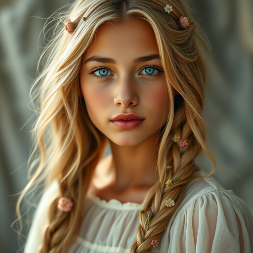 Create an image of a young Latino woman with long, wavy blonde hair, adorned with small, colorful flowers woven into her braids and loose strands. Her complexion is fair, with soft, glowing skin, and she has light blue eyes that gaze softly at the viewer. She wears a light, flowing dress with a gentle, ethereal quality, complementing her delicate and serene appearance. The background is slightly blurred, drawing focus to her tranquil expression and the intricate details of the flowers in her hair. The overall mood of the image is one of natural beauty and grace, evoking a sense of peacefulness and connection with nature.