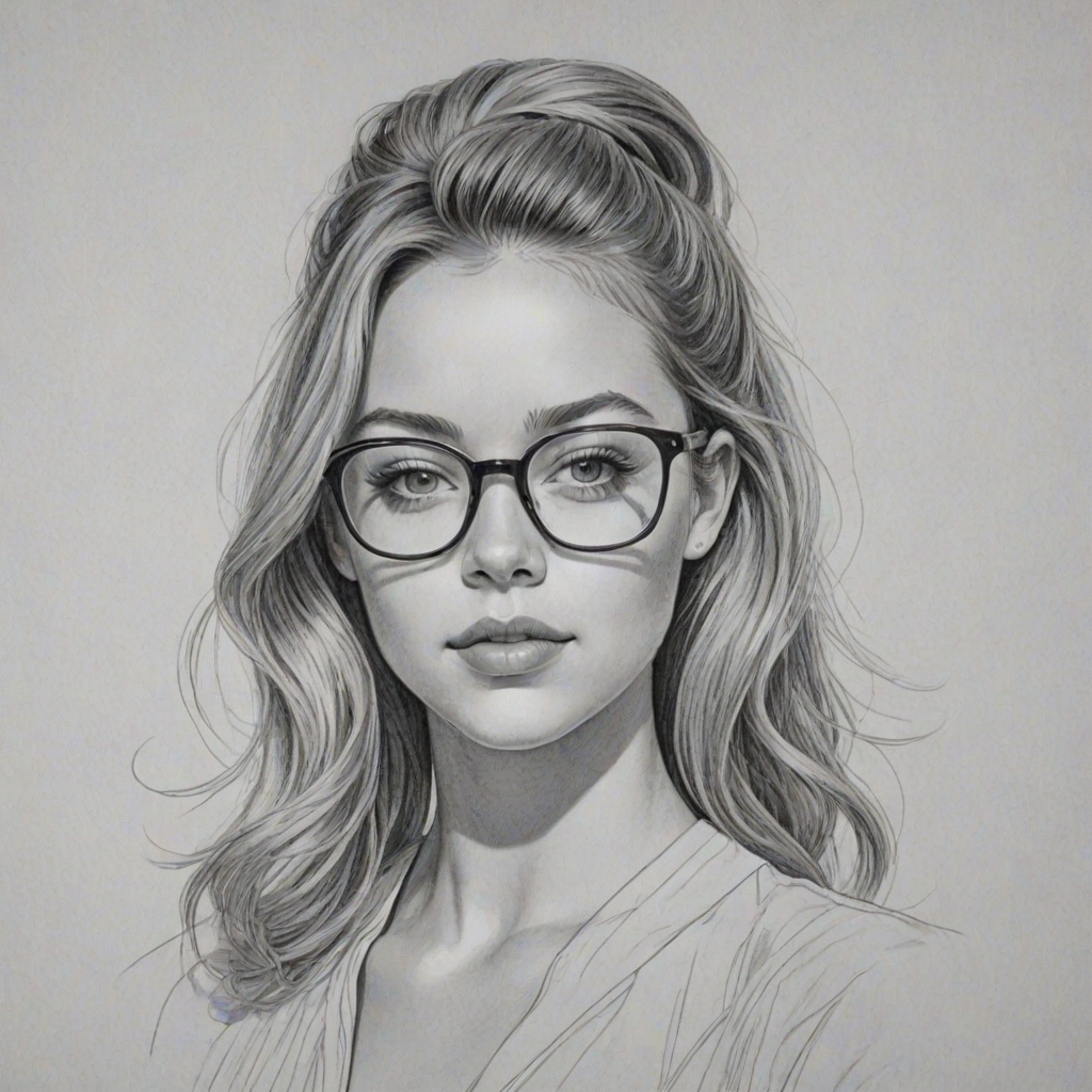 Exquisite Sydney Sweeney, pencil sketch, portrait of Elegant woman 1961s in glasses, hair style beatnik, outline, clear lines, fine lines, 8k