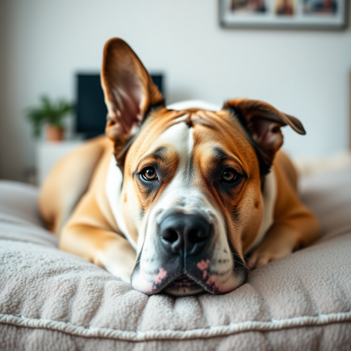 A close-up portrait of a large, expressive dog lying on a plush bed indoors, captured with a Canon EOS R5 at f/1.8, ISO 200, 1/100 sec, natural light, shallow depth of field for a soft background blur.
