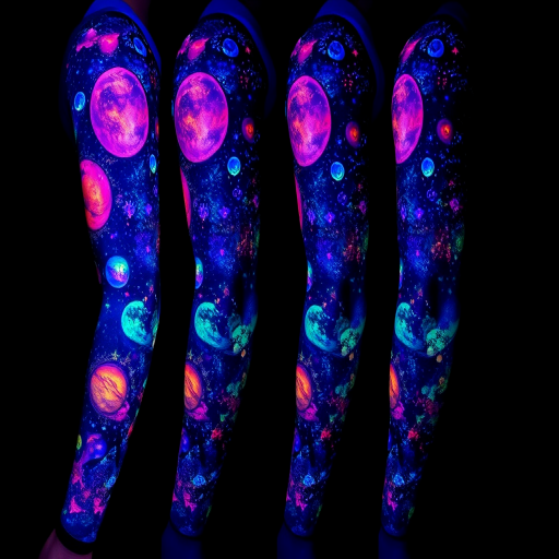 Mesmerizing full-sleeve body tattoo depicting a cosmic galaxy scene with realistic planets and stars in vivid ultraviolet ink, glowing under blacklight for an otherworldly effect