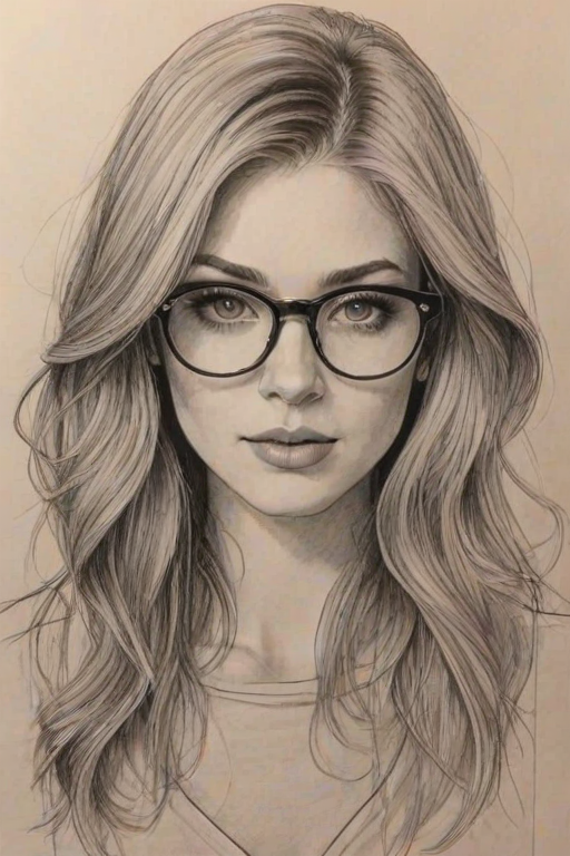 Magnificent Kat McNamara, pencil sketch, portrait of Bewitching woman 1971s in glasses, hair style beatnik, outline, clear lines, fine lines, 8k