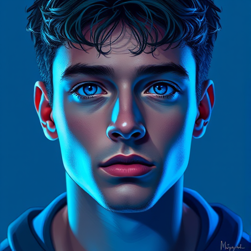 Create a split-portrait illustration of a young man with intense blue highlights, using a Canon EOS R5 with an 85mm f/1.2 lens, shot at ISO 100, f/2.8, shutter speed 1/200s, in a soft focus style with a painterly effect.