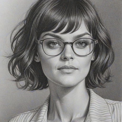 Radiant Frankie Shaw, pencil sketch, portrait of Dazzling woman 1972s in glasses, hair style beatnik, outline, clear lines, fine lines, 8k