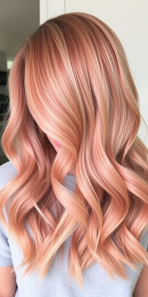 Radiant rose gold hair shimmers and shines in the "Blushing Champagne" style. The medium-length cut features soft, face-framing layers and a side-swept bang. Loose, romantic waves are styled to perfection, with each strand catching the light to create a warm, inviting glow that's both elegant and effortless.