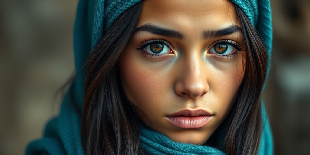 Create a portrait of a young Maori woman with long, dark hair and captivating hazel eyes. She is wearing a cyan headscarf and a matching scarf draped gracefully around her neck. The background is softly blurred, focusing attention on her serene and natural expression. The overall color palette is muted and warm, enhancing the intimate and authentic feel of the portrait.