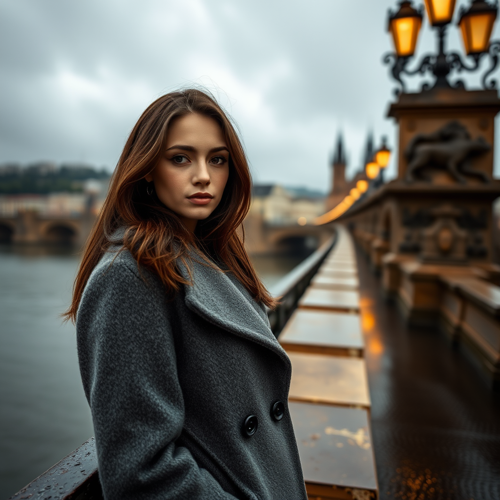 cinematic photo from above, waist up shot, sharp focus, a beautiful woman in foreground, in Prague, at the Charles Bridge, river in background, overcast rainy day, wearing long grey wool coat, warm rich color palette